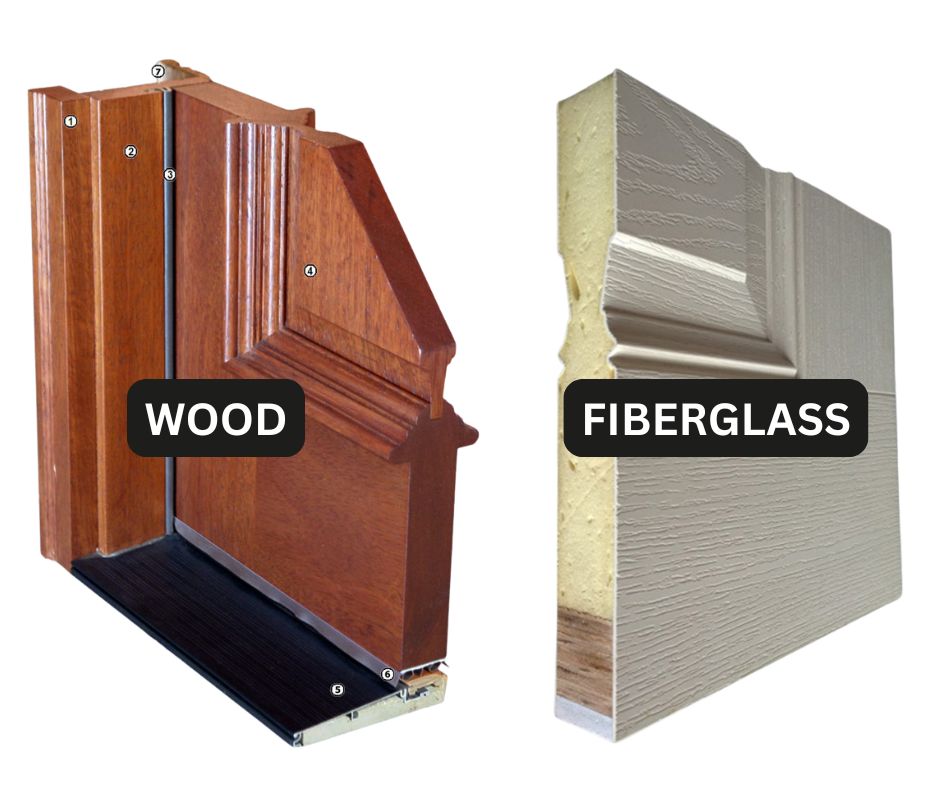 Close up view of a wood door versus a fiberglass door