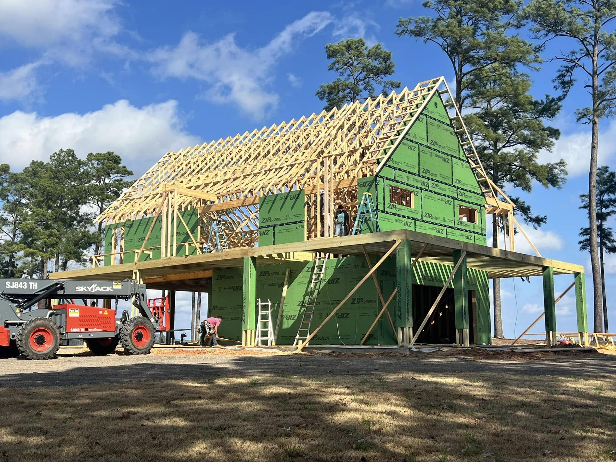 Framing and some siding is done for a custom home built by JB Crawford Construction.